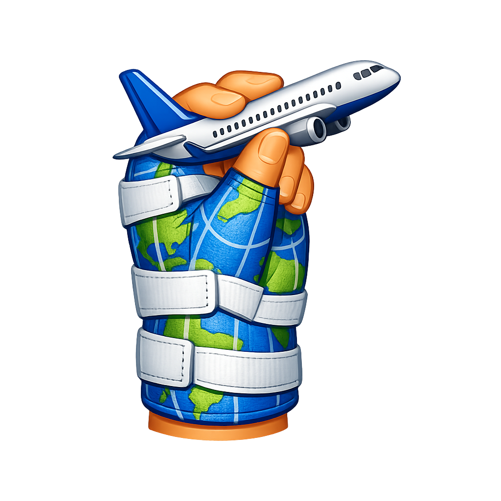 Stylized illustration of a hand in a cast printed with a world map, holding a small airplane—represents planning travel for hand surgery recovery; not a clinical photograph.